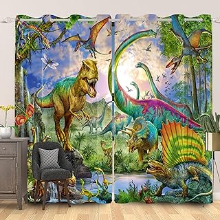 cortinas largas con diseño llamativo de paisaje con dinosaurios de dibujos