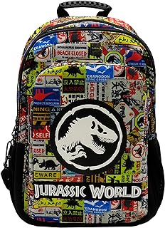 llamativa mochila con collage de señales de dinosaurios de jurassic world