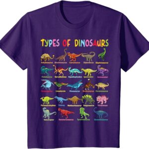 Camiseta morada con diferentes especies de dinosaurios