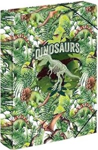 carpetas con dinosaurios de varios colores y especies y esqueleto de t.rex