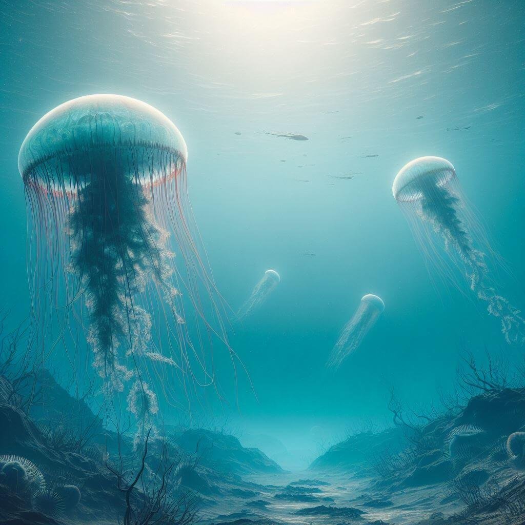 medusas ancestrales en océano primigenio en tiempos pretéritos al de los dinosaurios
