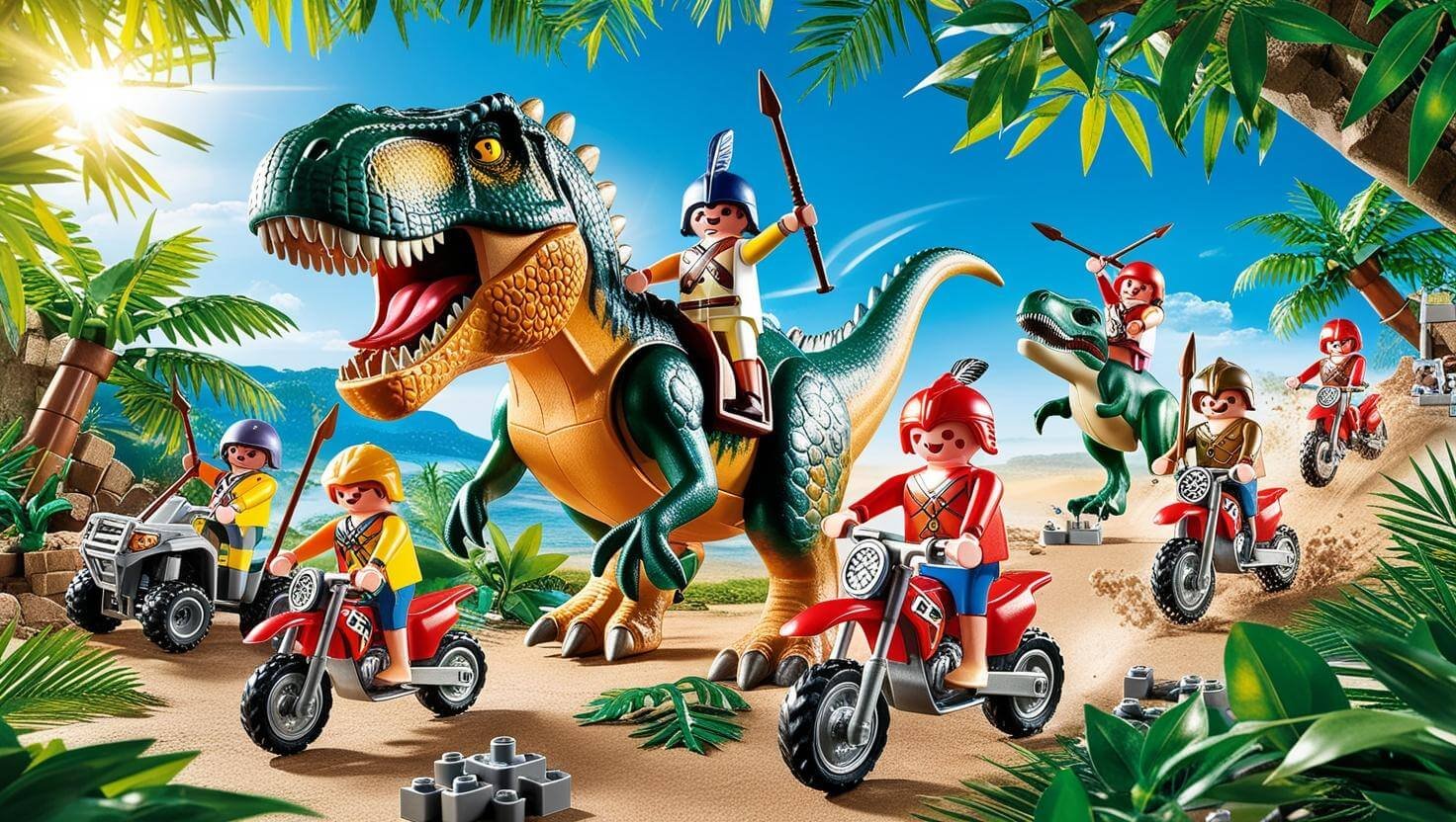 Playmobil montando dinosaurio con lanza en la mano y montando en moto alrededor